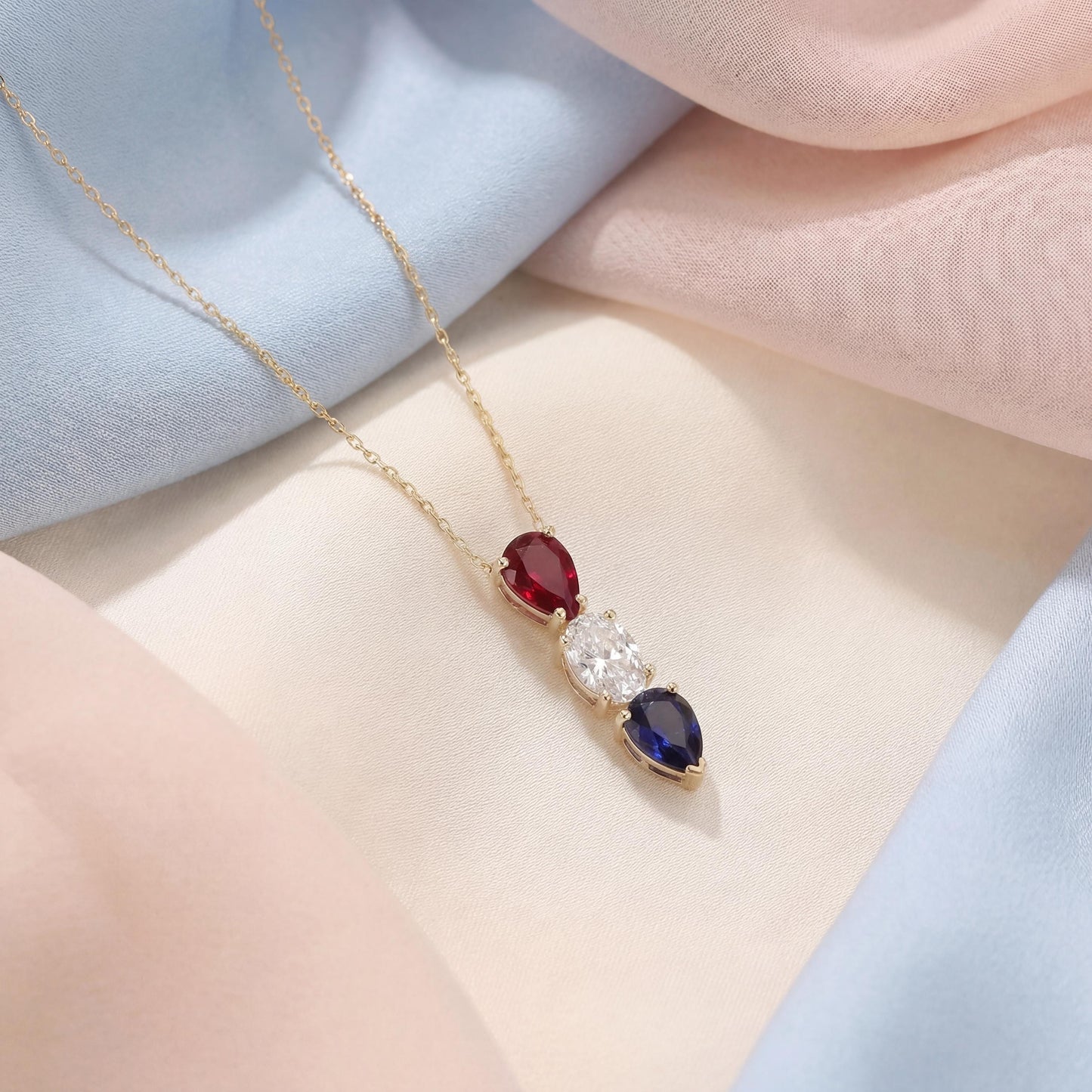 Tear Drop Pendant, Patriotic Necklace, Red White Blue, USA 250th Anniversary, Minimalist Jewelry, July 4th Gift, Dainty Gemstone